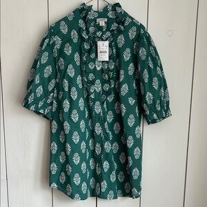 J. Crew Green Floral Ruffle Front Blouse